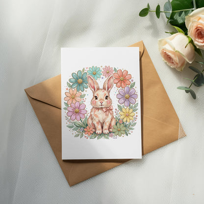 Easter card with a bunny surrounded by flowers on a kraft envelope.