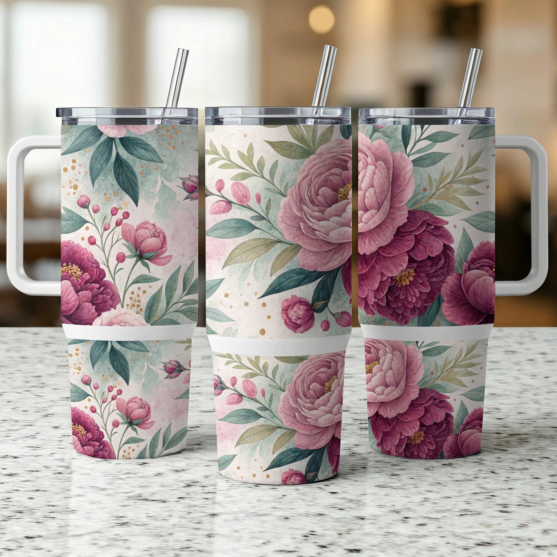 Three tumblers with pink peony floral pattern and straw.