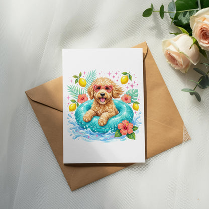 Dog in a pool float wearing heart-shaped sunglasses and surrounded by tropical leaves and fruit.