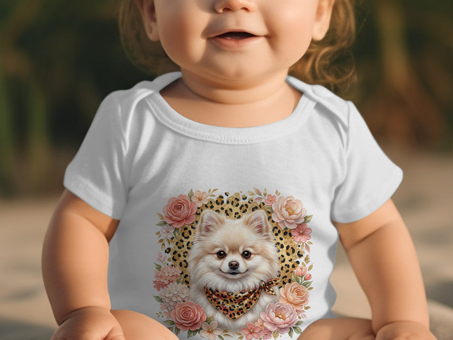 Baby wearing white onesie with Pomeranian dog and floral design.