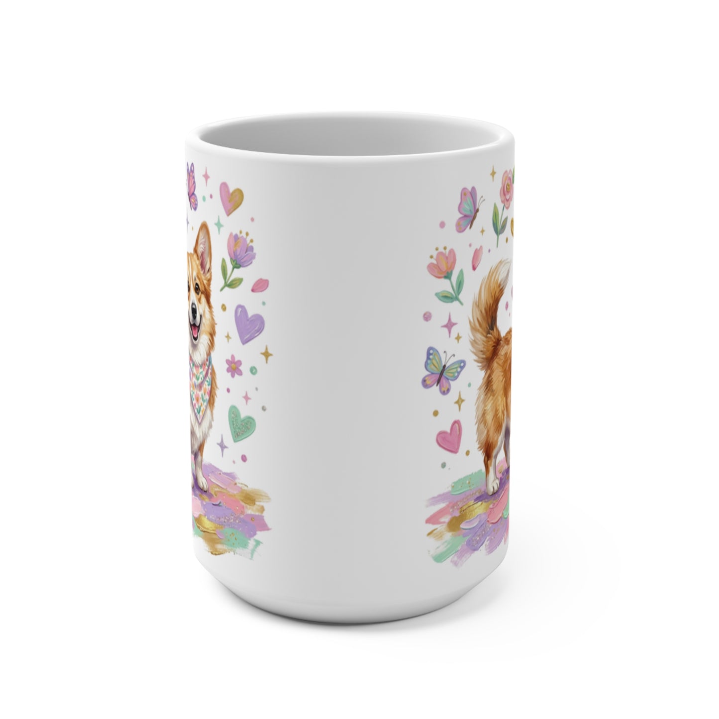 Corgi with flowers and butterflies on a white mug.
