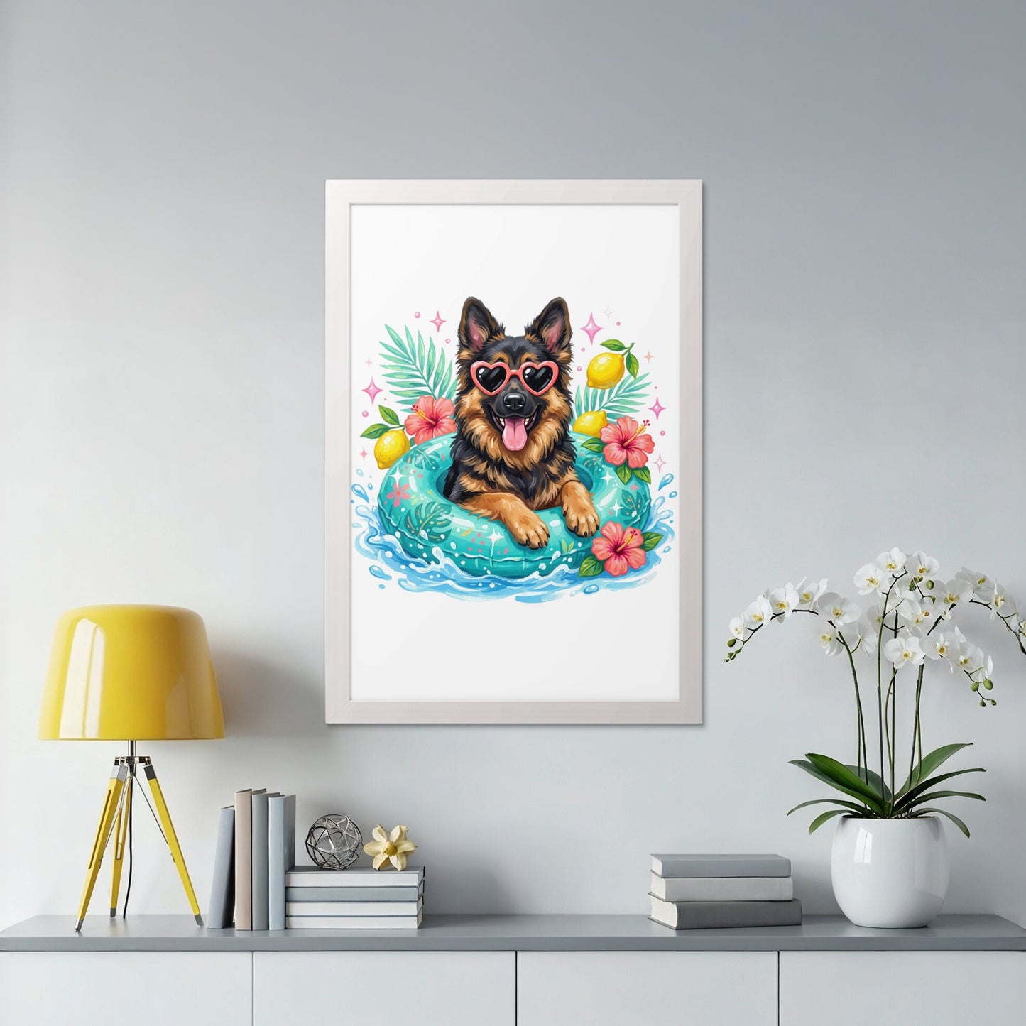 German Shepherd in pool float wearing heart-shaped sunglasses.