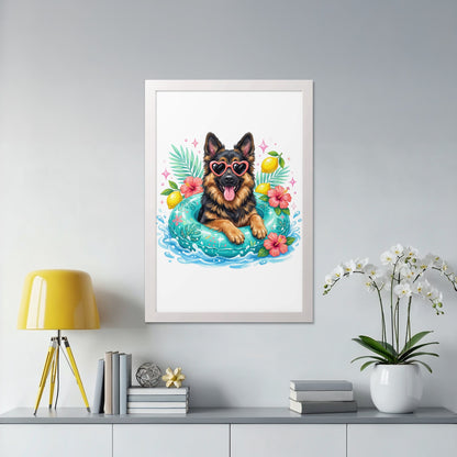 German Shepherd in pool float wearing heart-shaped sunglasses.