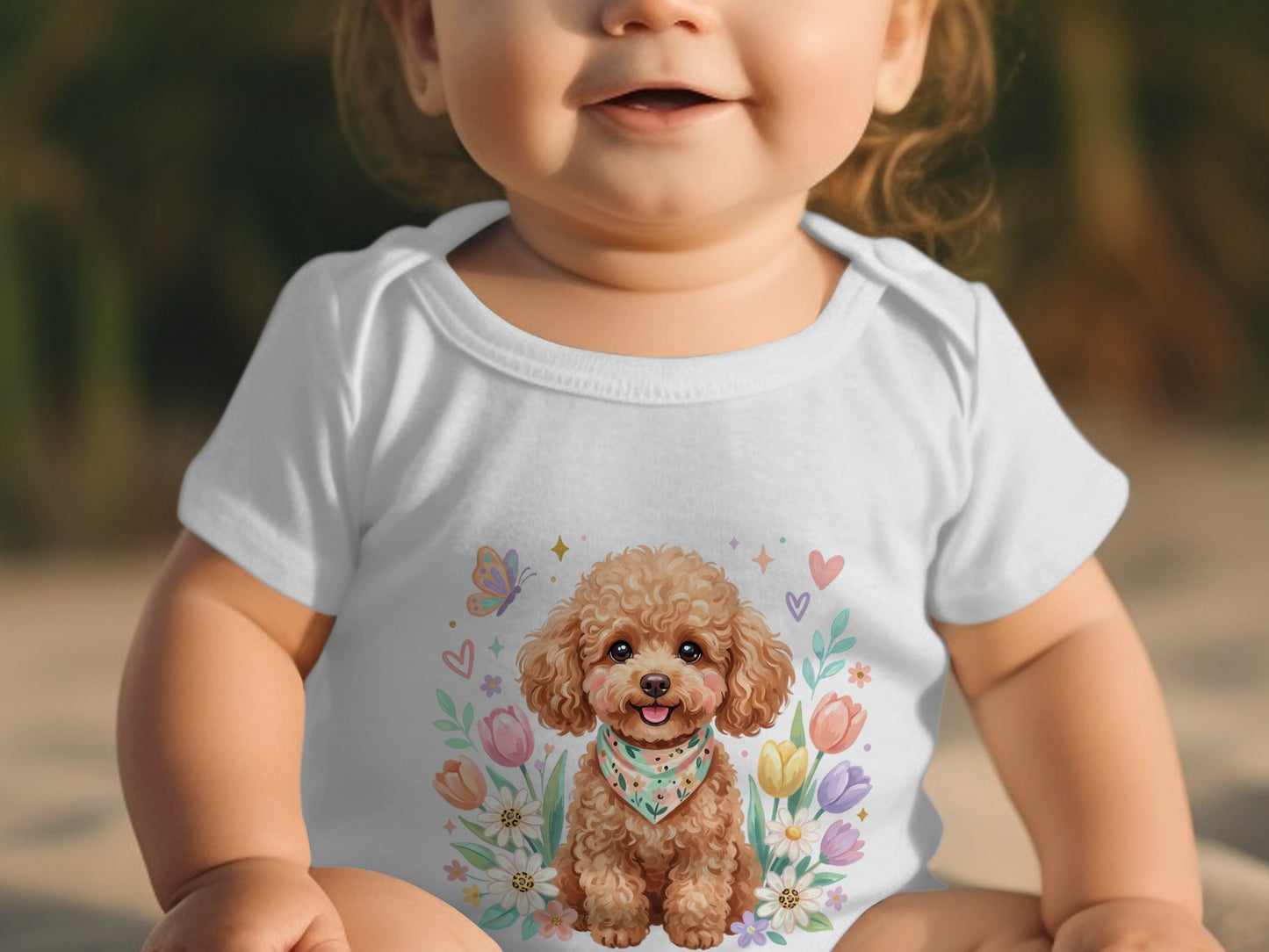 Baby in white bodysuit with a poodle, flowers, and butterflies design.