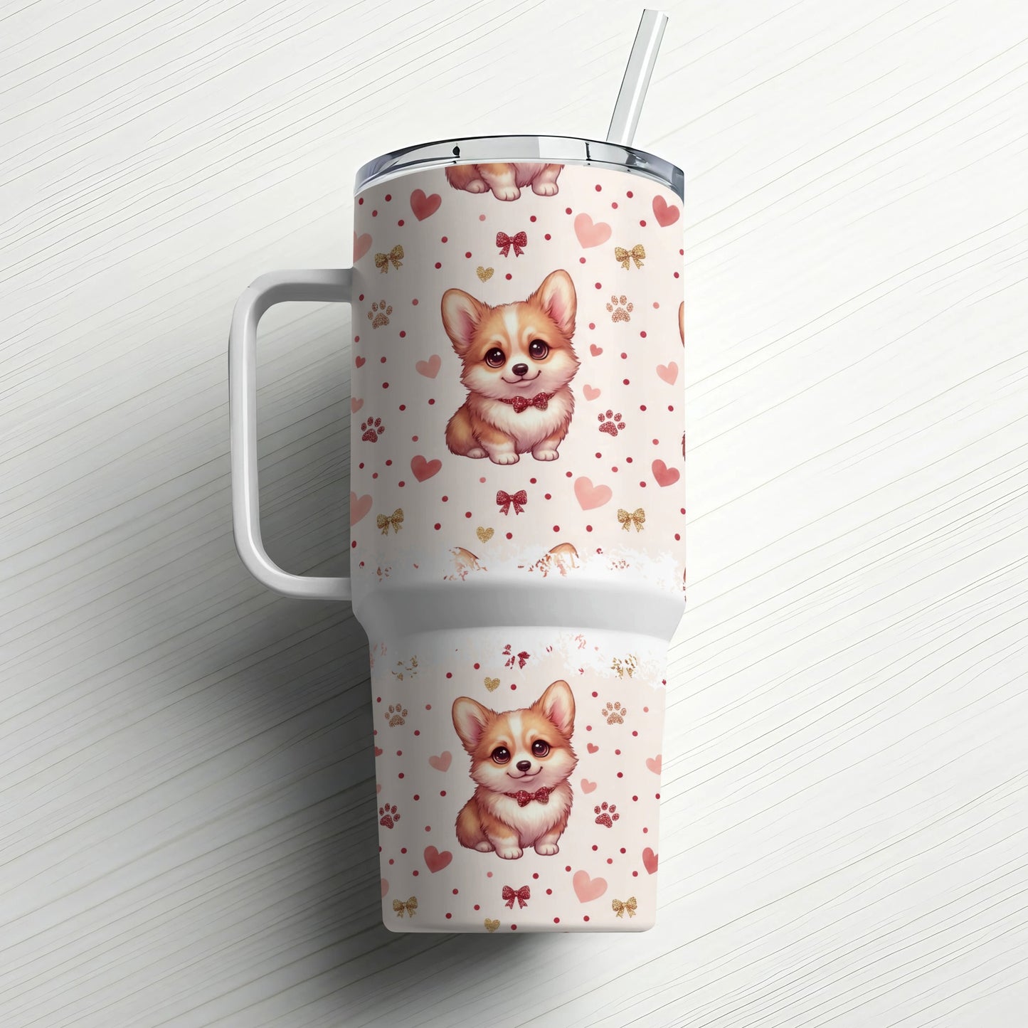 Tumbler with cute corgis, hearts, and bows pattern.