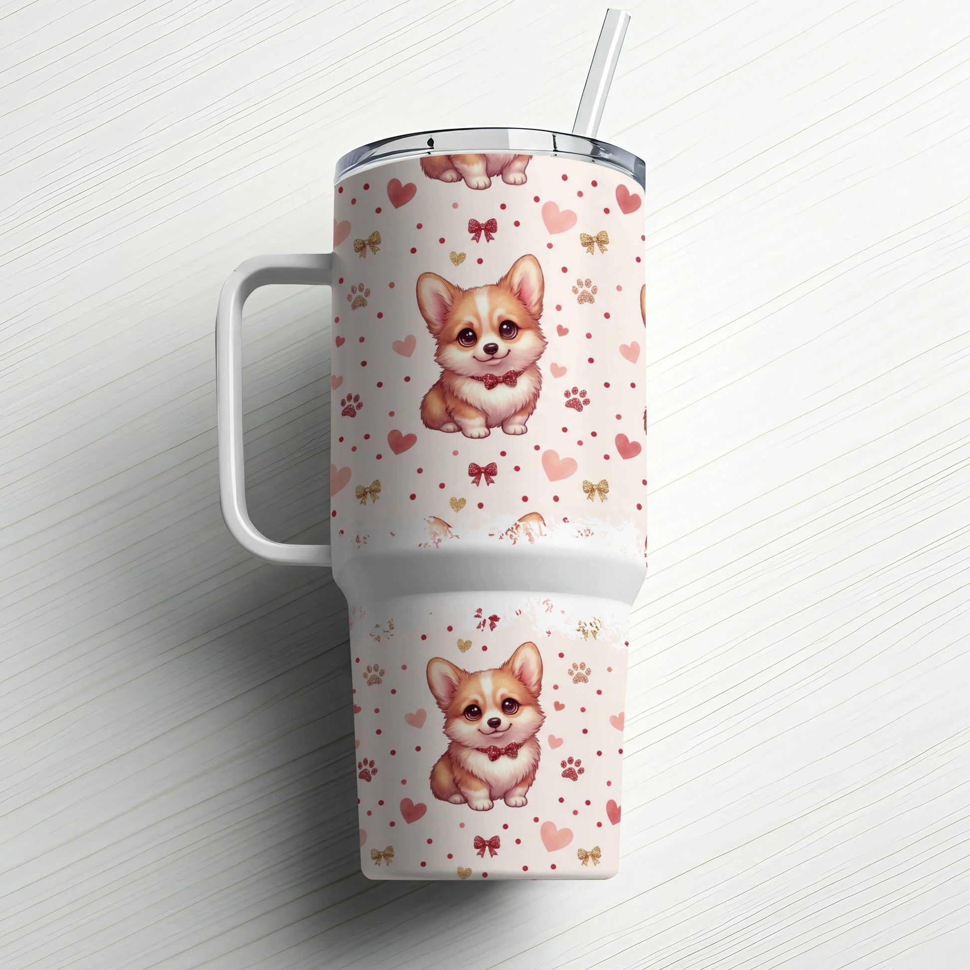 Tumbler with cute corgis, hearts, and bows pattern.