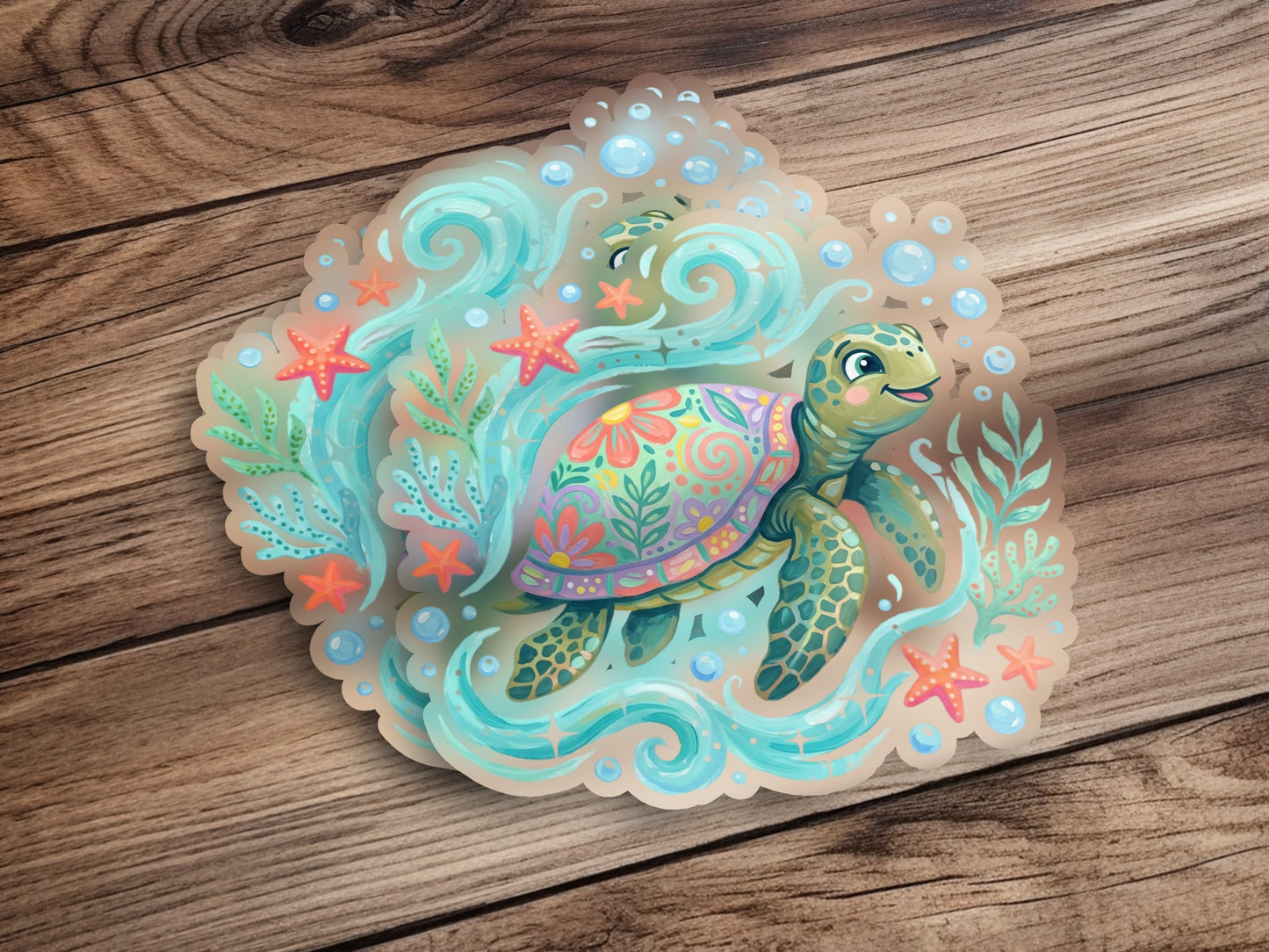Colorful cartoon sea turtle swimming with starfish and plants.