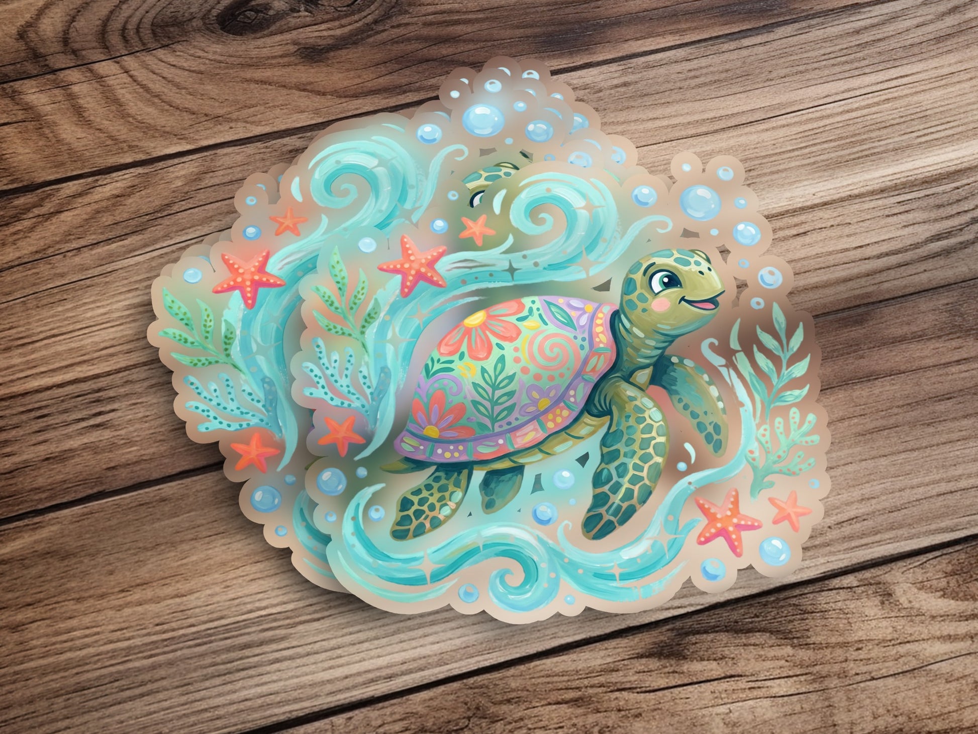 Colorful cartoon sea turtle swimming with starfish and plants.