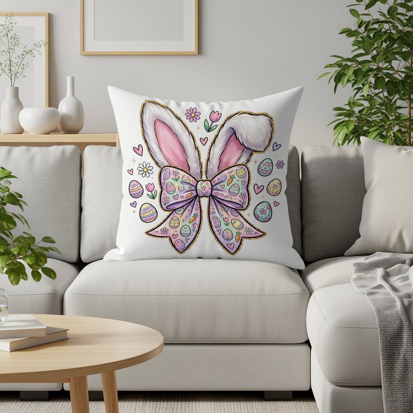 Easter bunny ear bow pillow with colorful eggs and flowers.