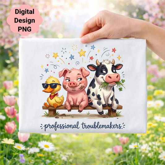 Duck, pig, and cow sitting on a bench with "professional troublemakers" text.