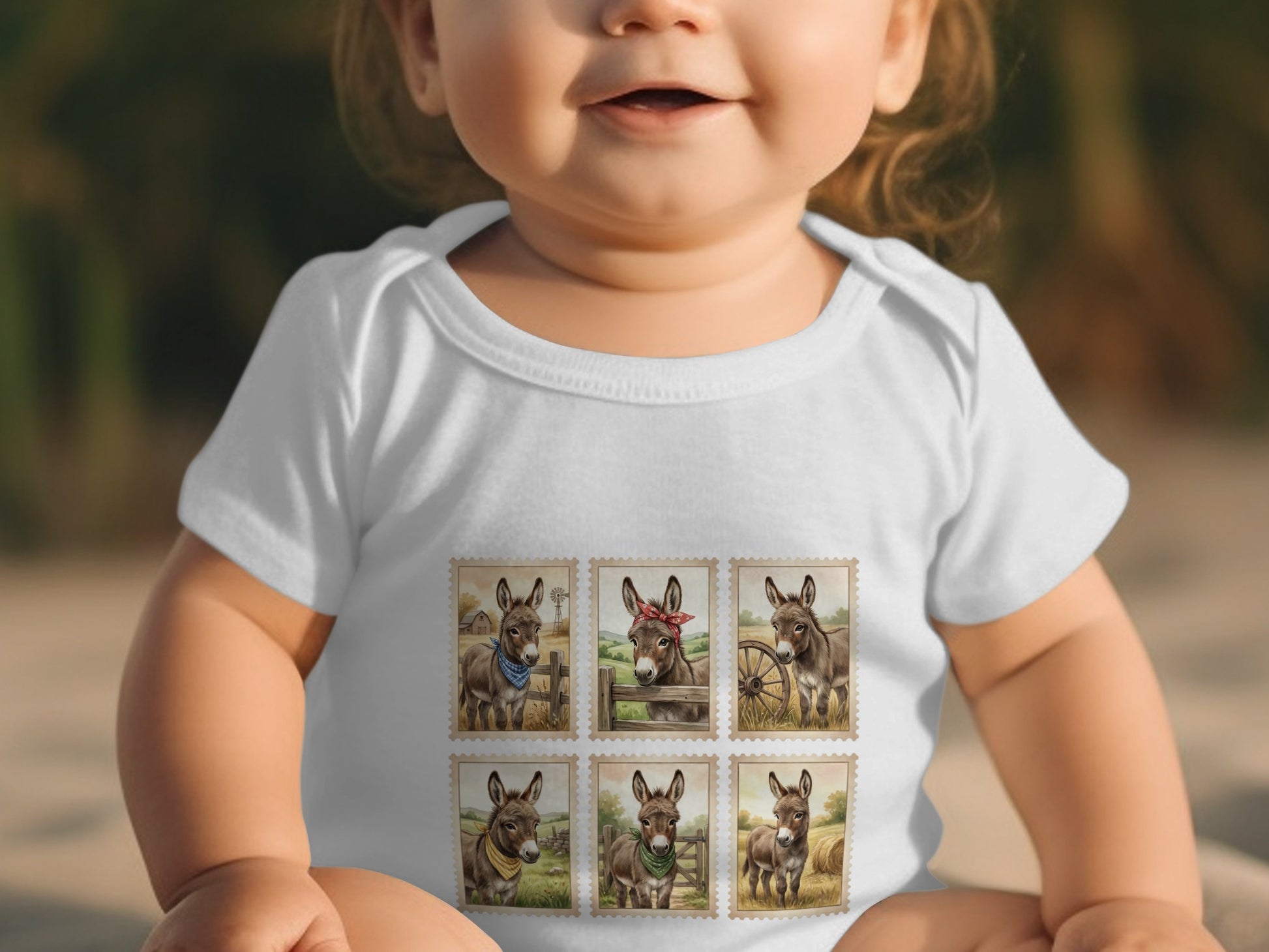 Baby in white onesie with donkey stamps, outdoors.