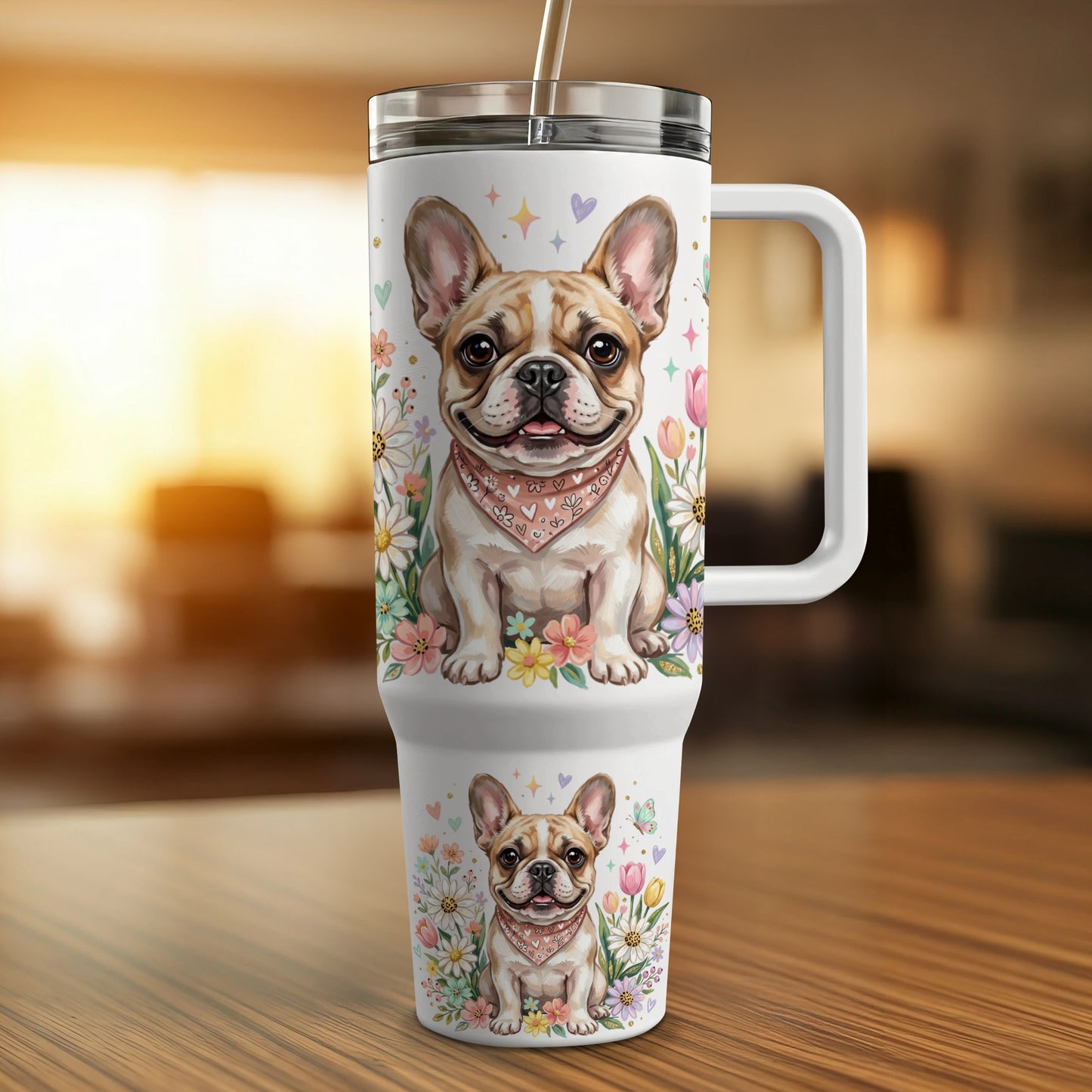 French bulldog in bandana surrounded by flowers on white travel tumbler.