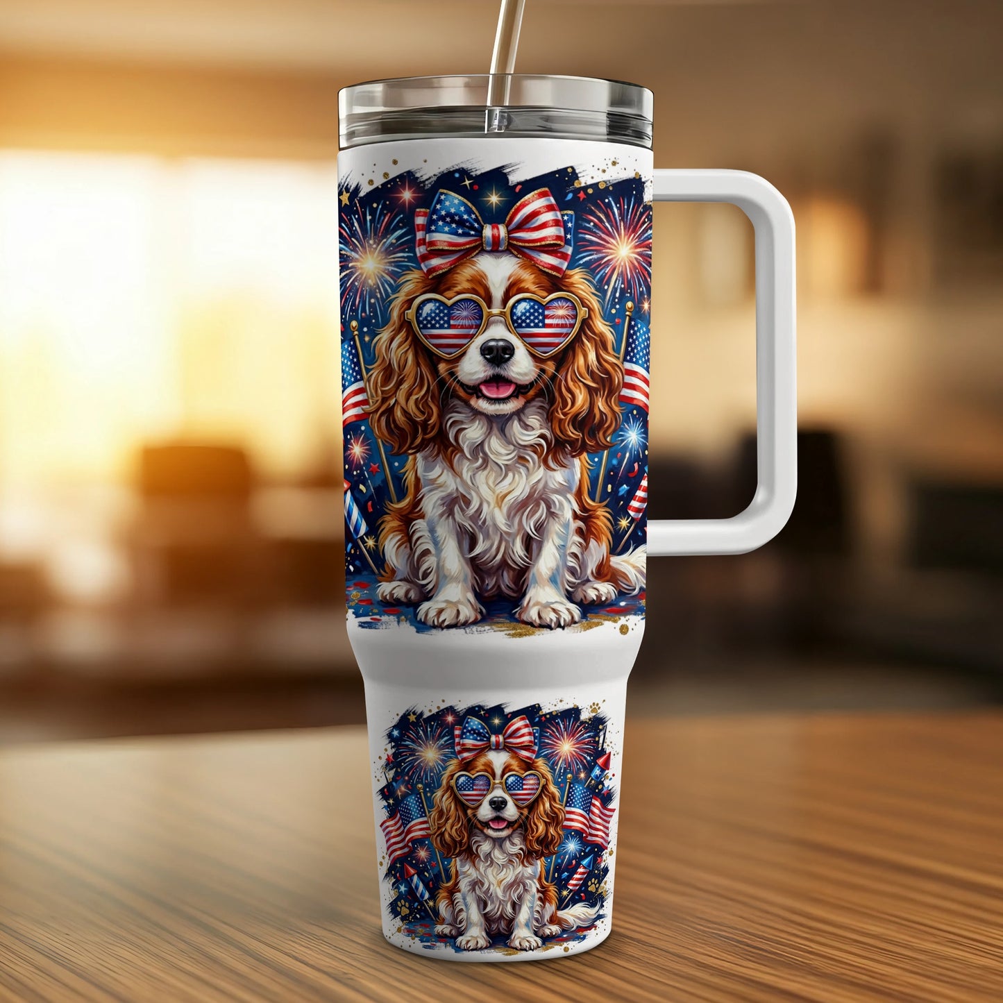 Dog wearing sunglasses with American flags on a patriotic tumbler.