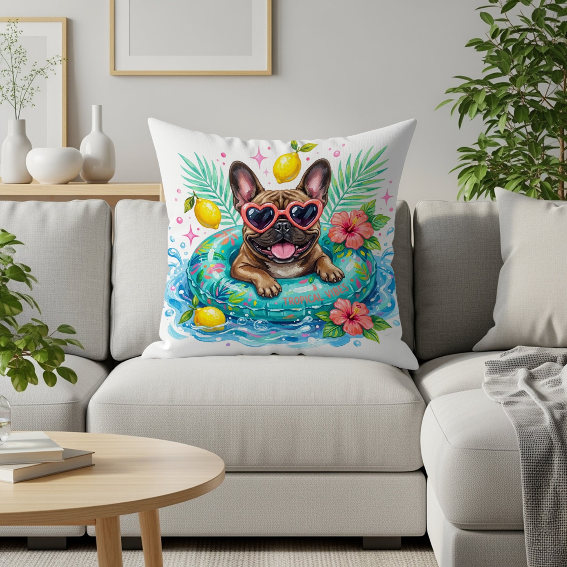 French bulldog in sunglasses with lemons and flowers on inflatable ring.