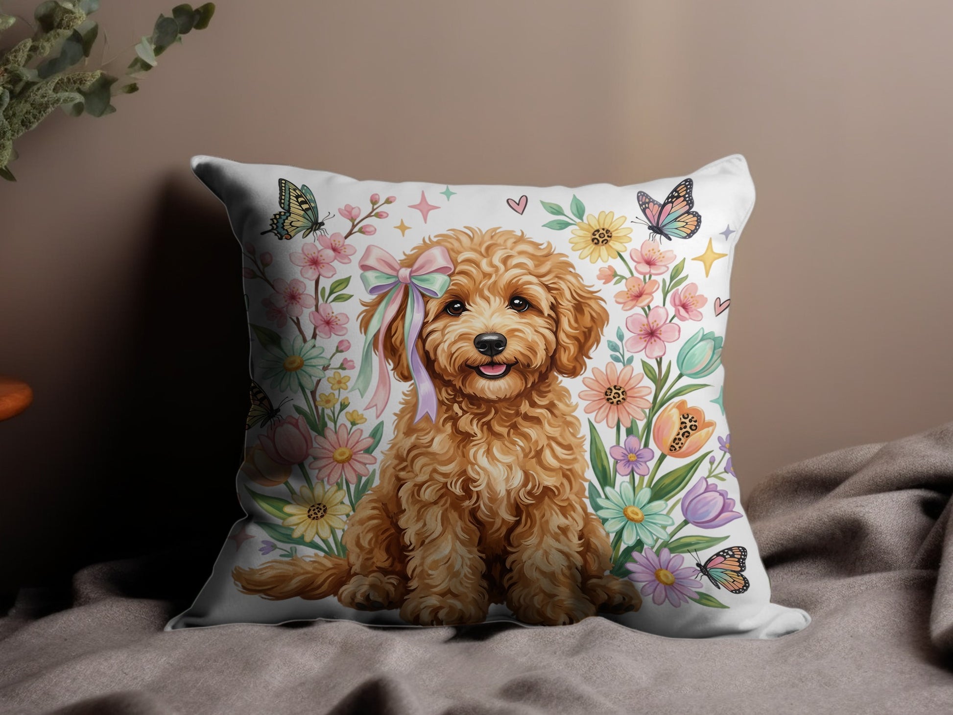Fluffy goldendoodle puppy with pink bow surrounded by pastel flowers and butterflies.