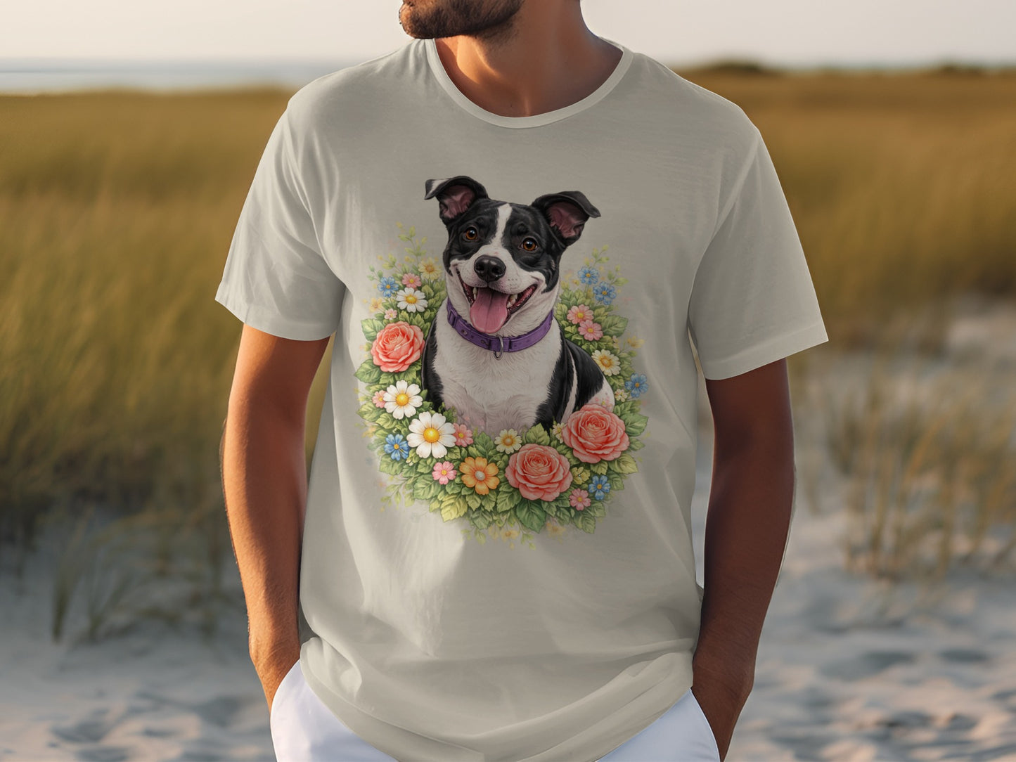 White t-shirt with dog portrait in floral wreath.