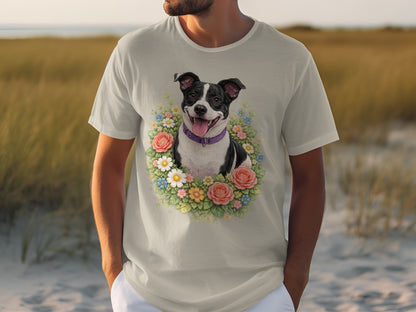White t-shirt with dog portrait in floral wreath.
