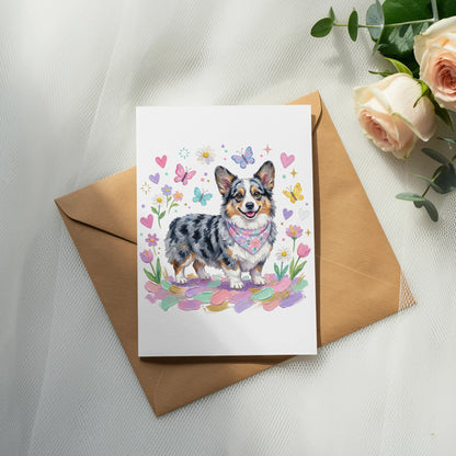 Watercolor illustration of a corgi wearing a bandana surrounded by flowers and butterflies.