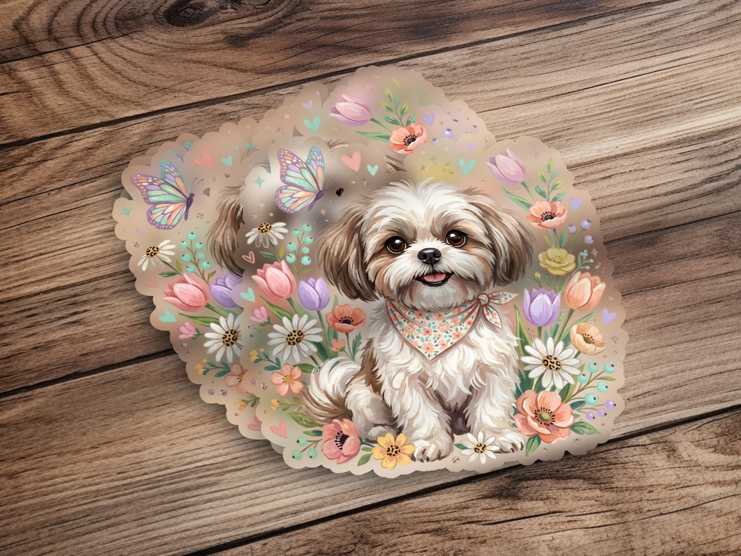Shih Tzu dog wearing a bandana surrounded by pastel flowers and butterflies.