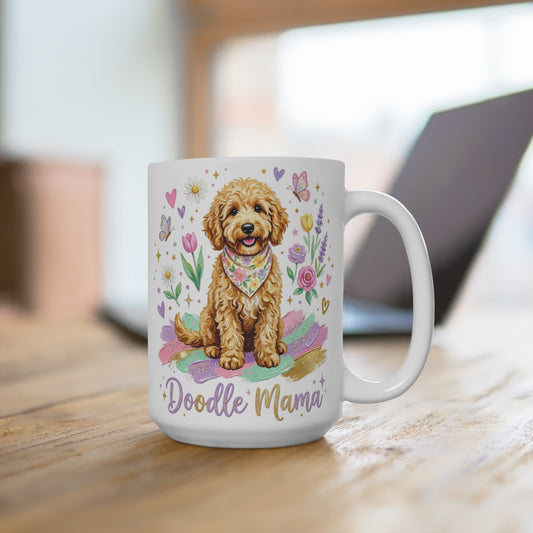 White mug with a golden doodle wearing a bandana and colorful floral accents.