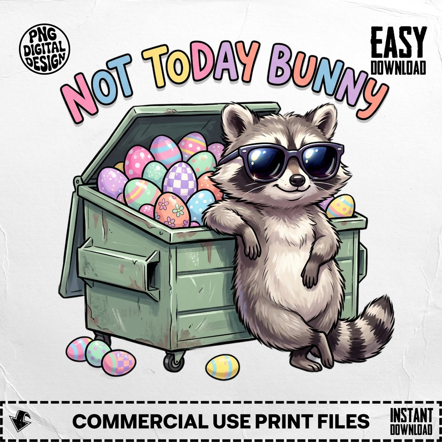 Raccoon in sunglasses leaning on a dumpster filled with Easter eggs.
