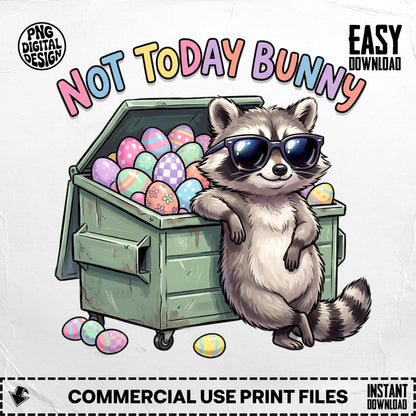 Raccoon in sunglasses leaning on a dumpster filled with Easter eggs.