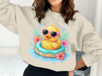 Yellow duck wearing sunglasses in a pool float with flowers.
