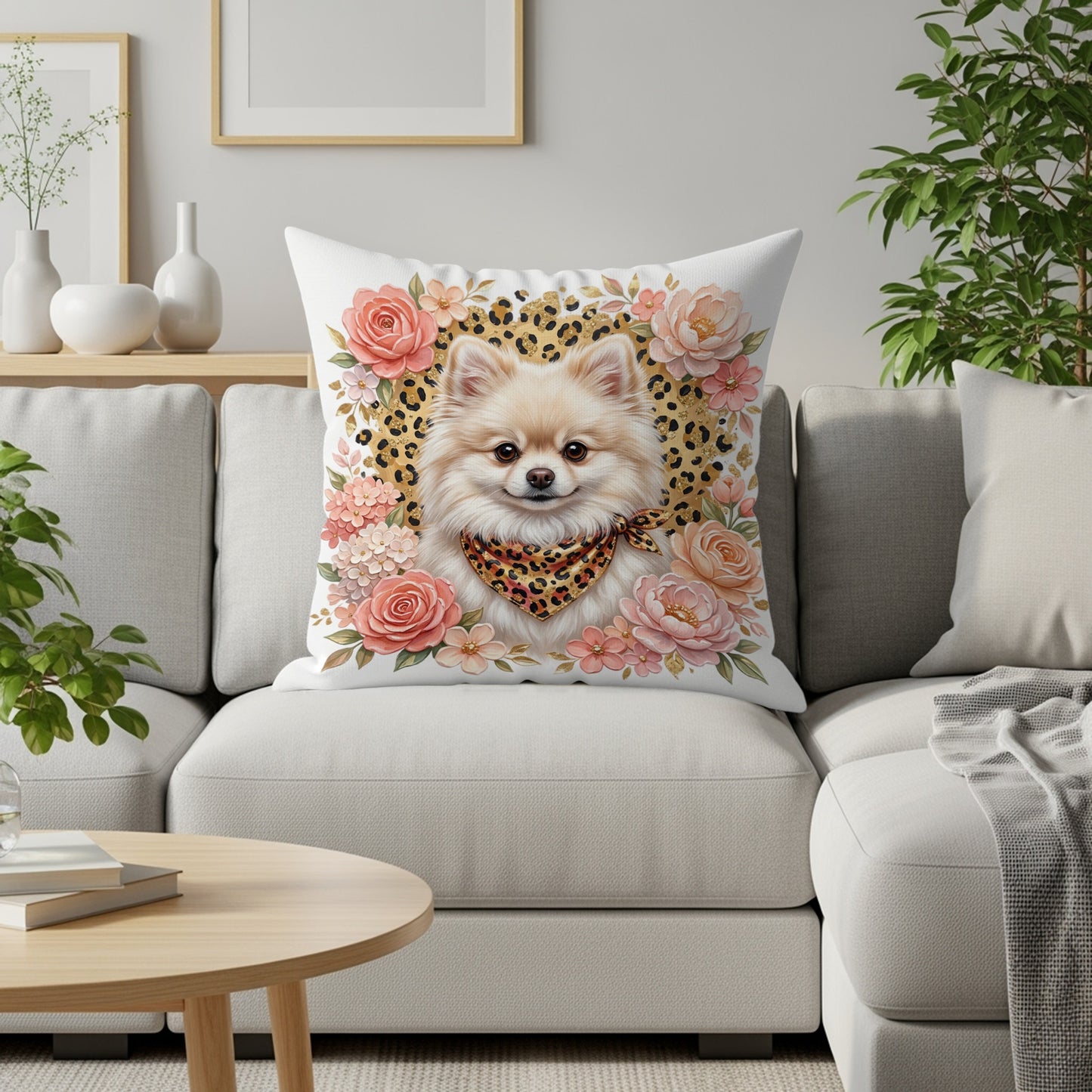 Pomeranian dog wearing a bandana on a floral pillow.