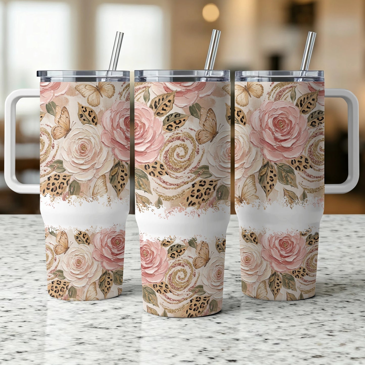 Floral and leopard print tumbler with rose and butterfly design.