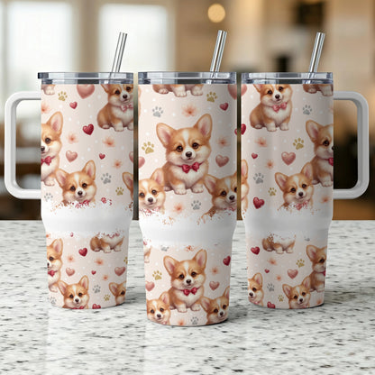 Three tumblers with corgi puppies and hearts pattern.