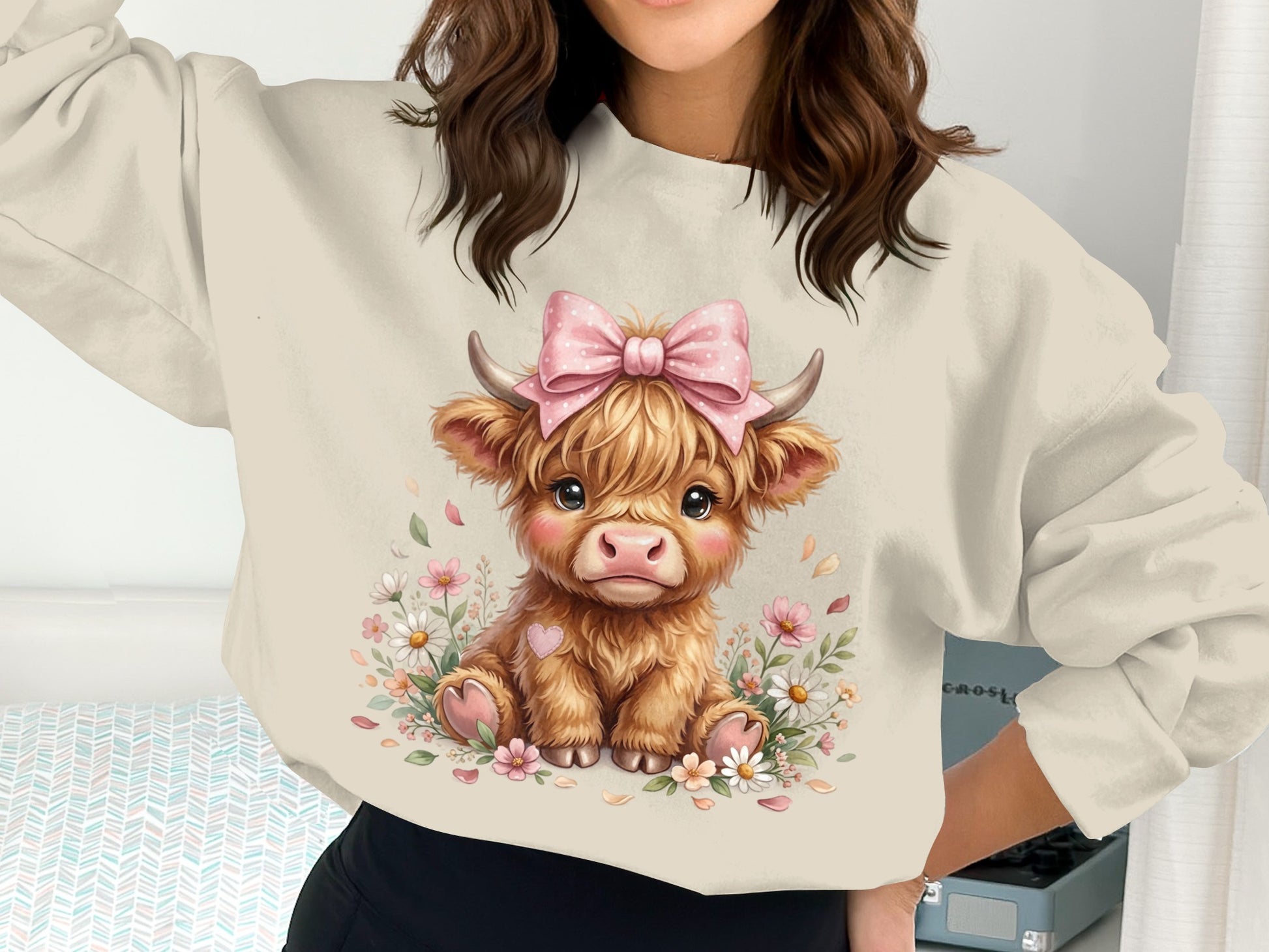 Kawaii Highland cow with pink bow and floral accents.