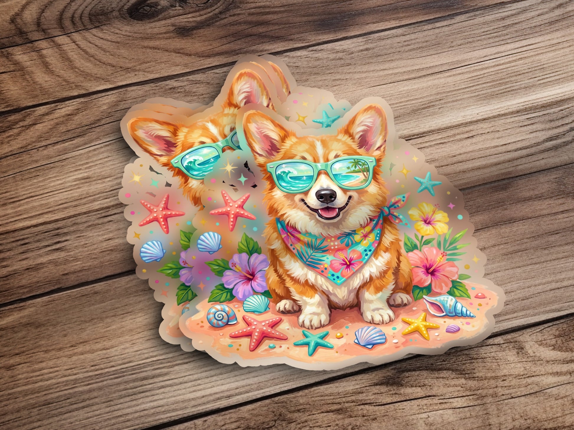 Corgi wearing sunglasses and bandana on beach with seashells and flowers.