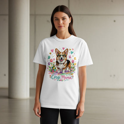 White t-shirt with a watercolor corgi, flowers, and "Corgi Mama" text.