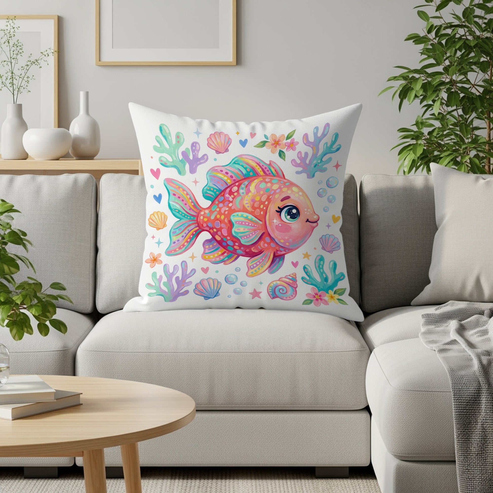 Brightly colored fish pillow with bubbles, shells, and coral on a sofa.
