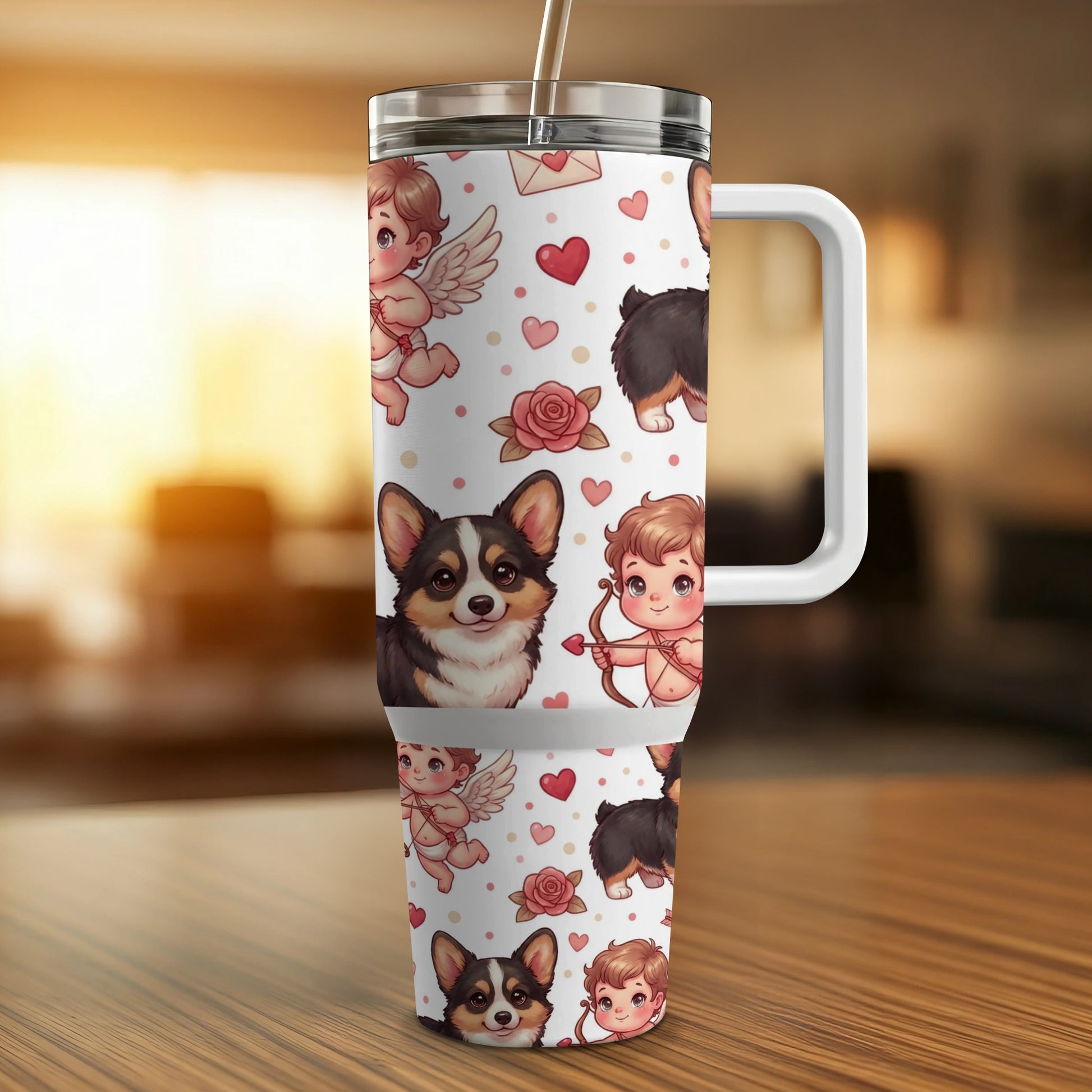 Tumbler with corgi and cupid Valentine's Day pattern.