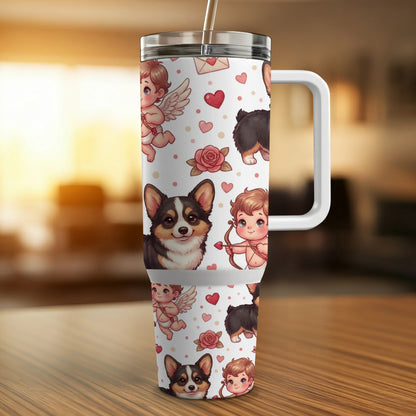 Tumbler with corgi and cupid Valentine's Day pattern.