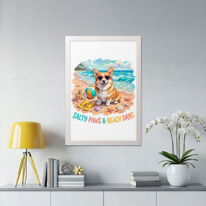 Corgi wearing heart sunglasses sits on a beach with a ball and starfish.