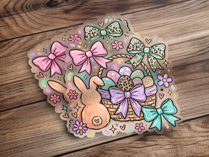 Easter stickers: bunny, basket of eggs, and bows with pastel patterns.