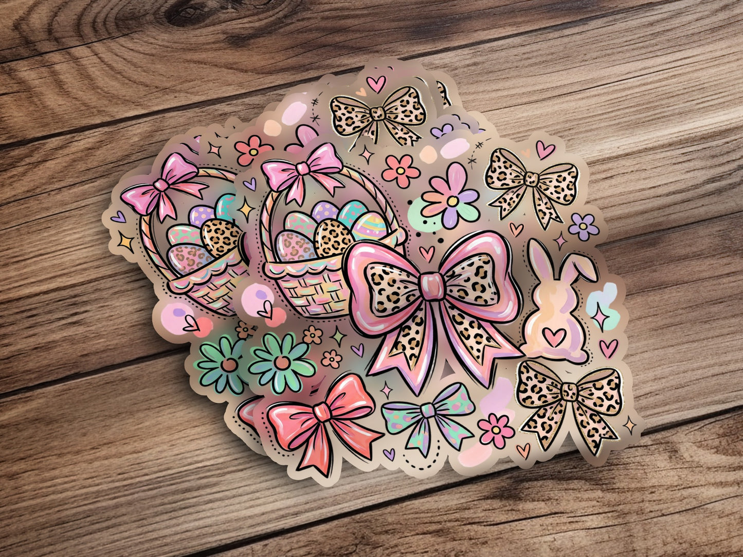 Easter-themed stickers with baskets, eggs, bunnies, and bows on wood.