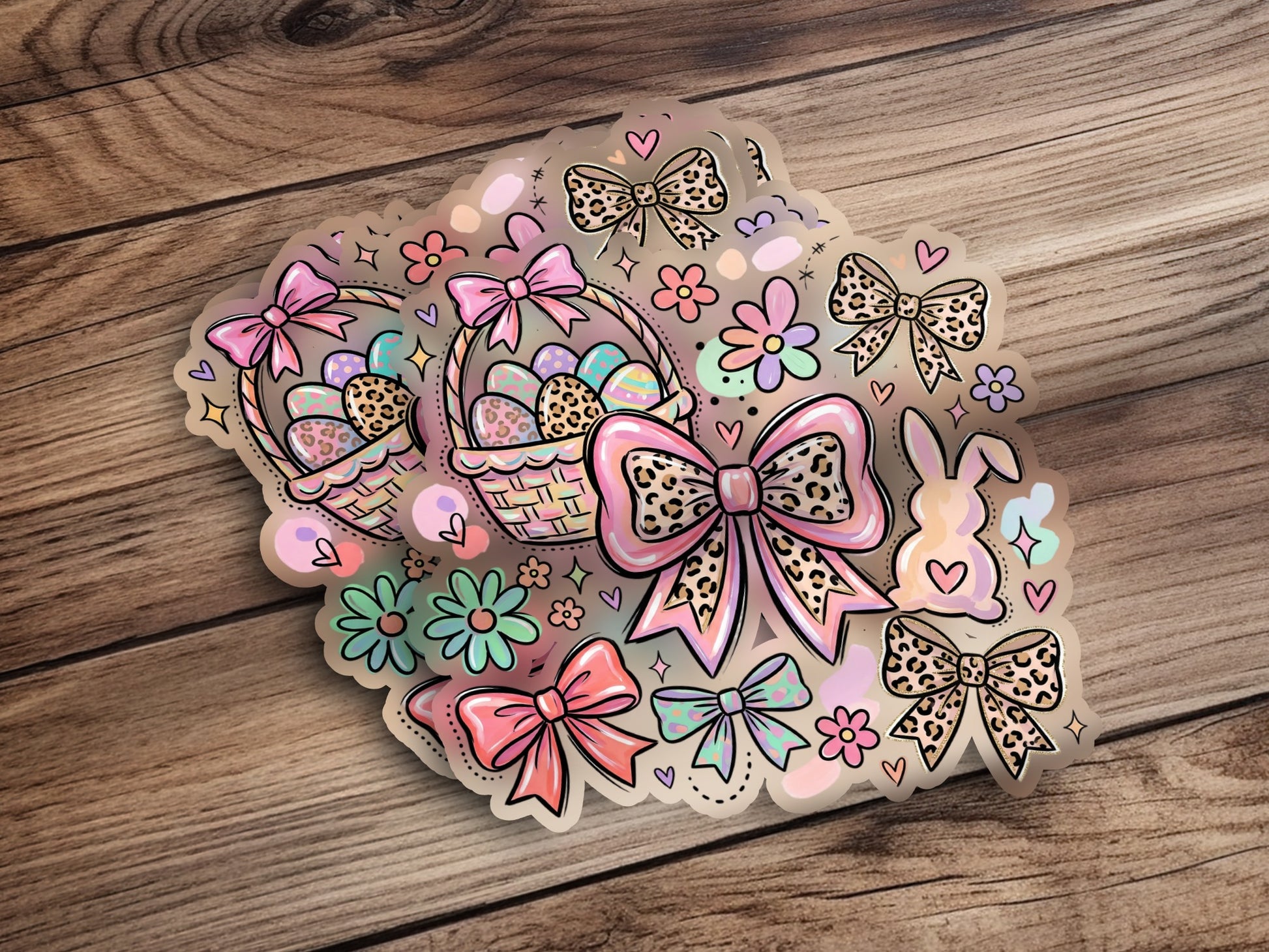 Easter-themed stickers with baskets, eggs, bunnies, and bows on wood.