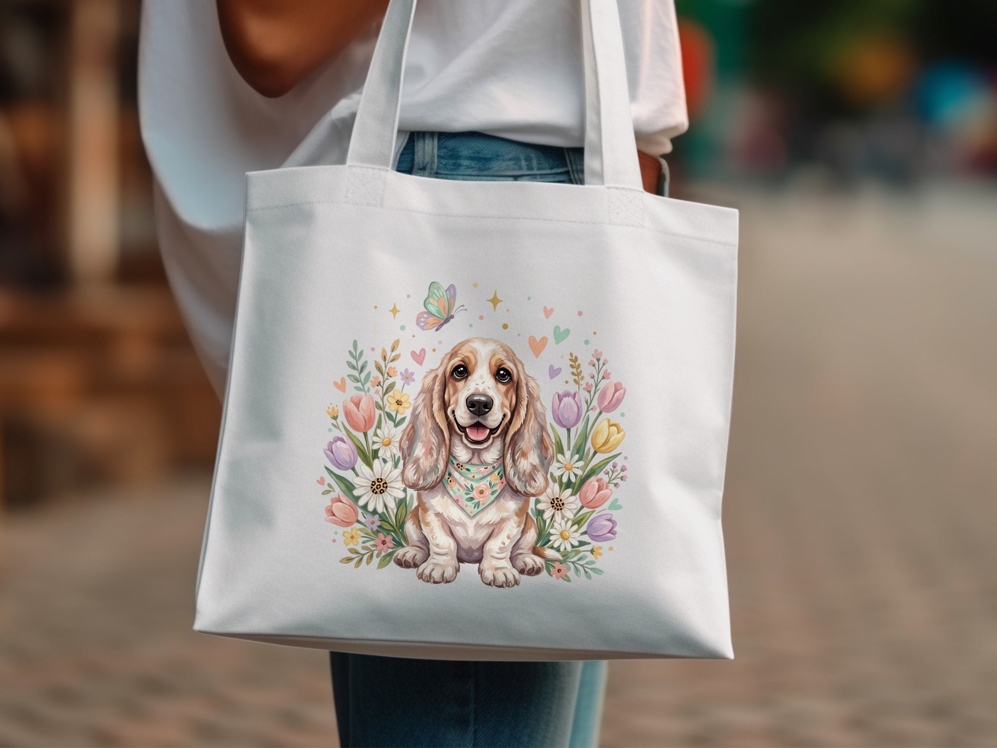 Tote bag featuring a happy dog surrounded by spring flowers and a butterfly.