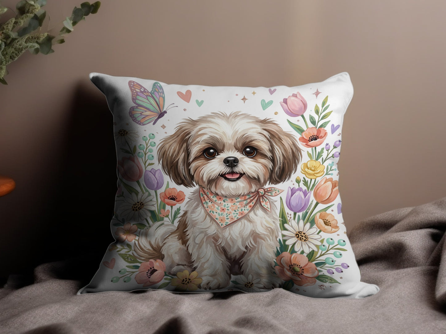 Shih Tzu dog wearing bandana surrounded by spring flowers and butterflies.