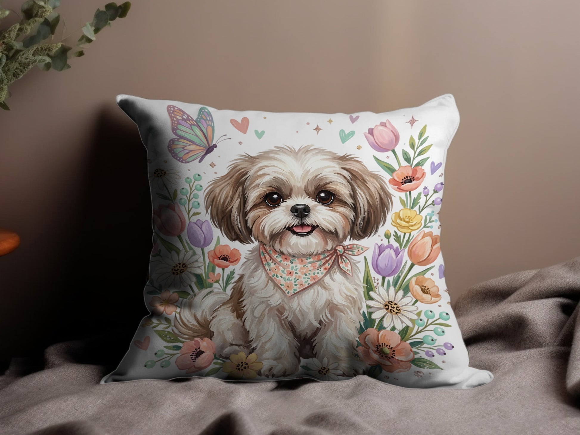 Shih Tzu dog wearing bandana surrounded by spring flowers and butterflies.