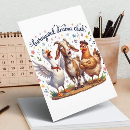 Barnyard drama club card featuring a goat, goose, and chicken.