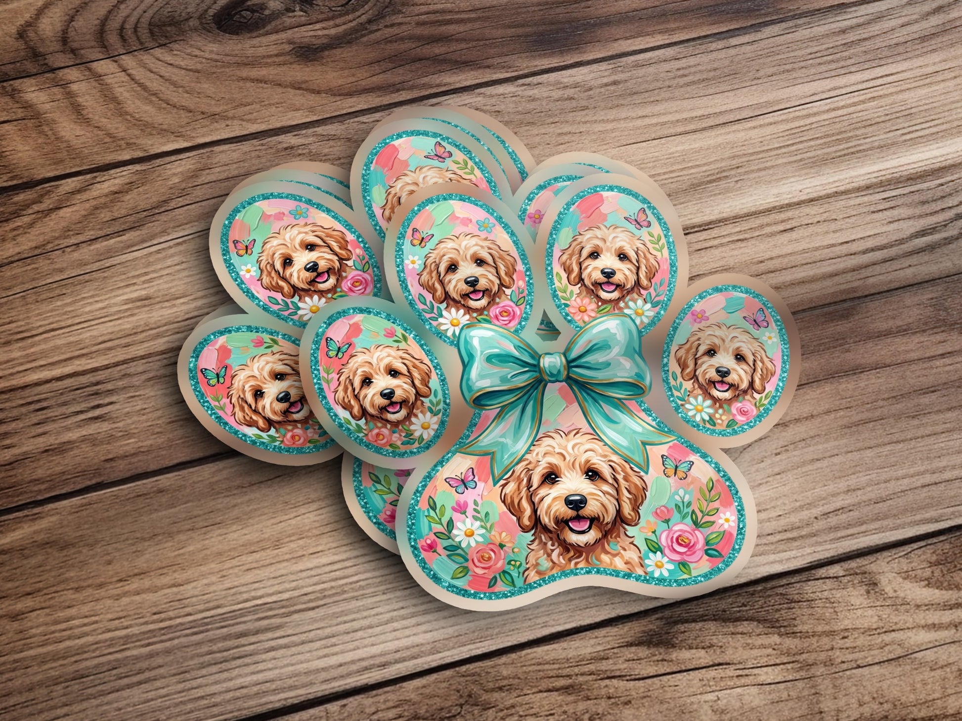 Paw print sticker with dog, bow, and butterflies.