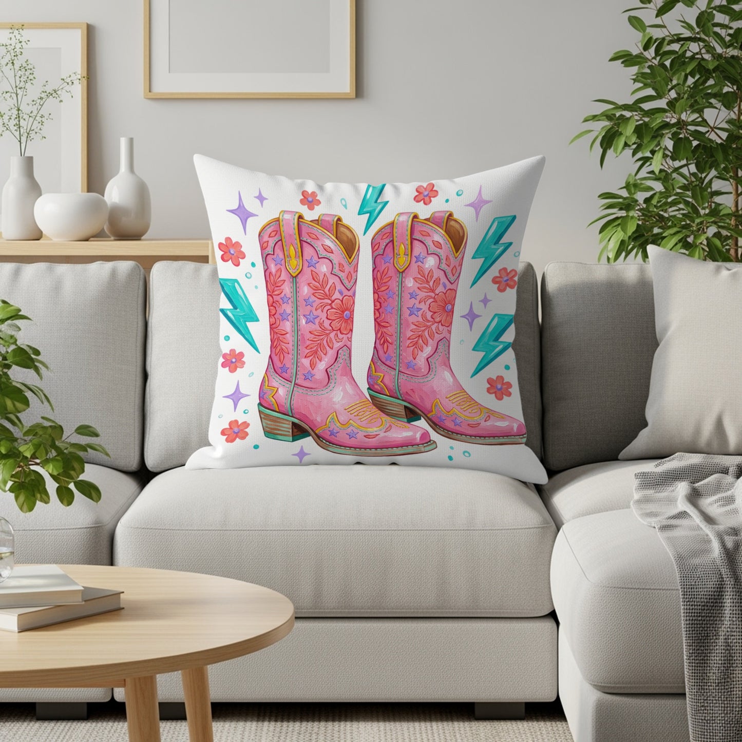 Pink cowboy boots with star and lightning bolt pattern on a cushion.