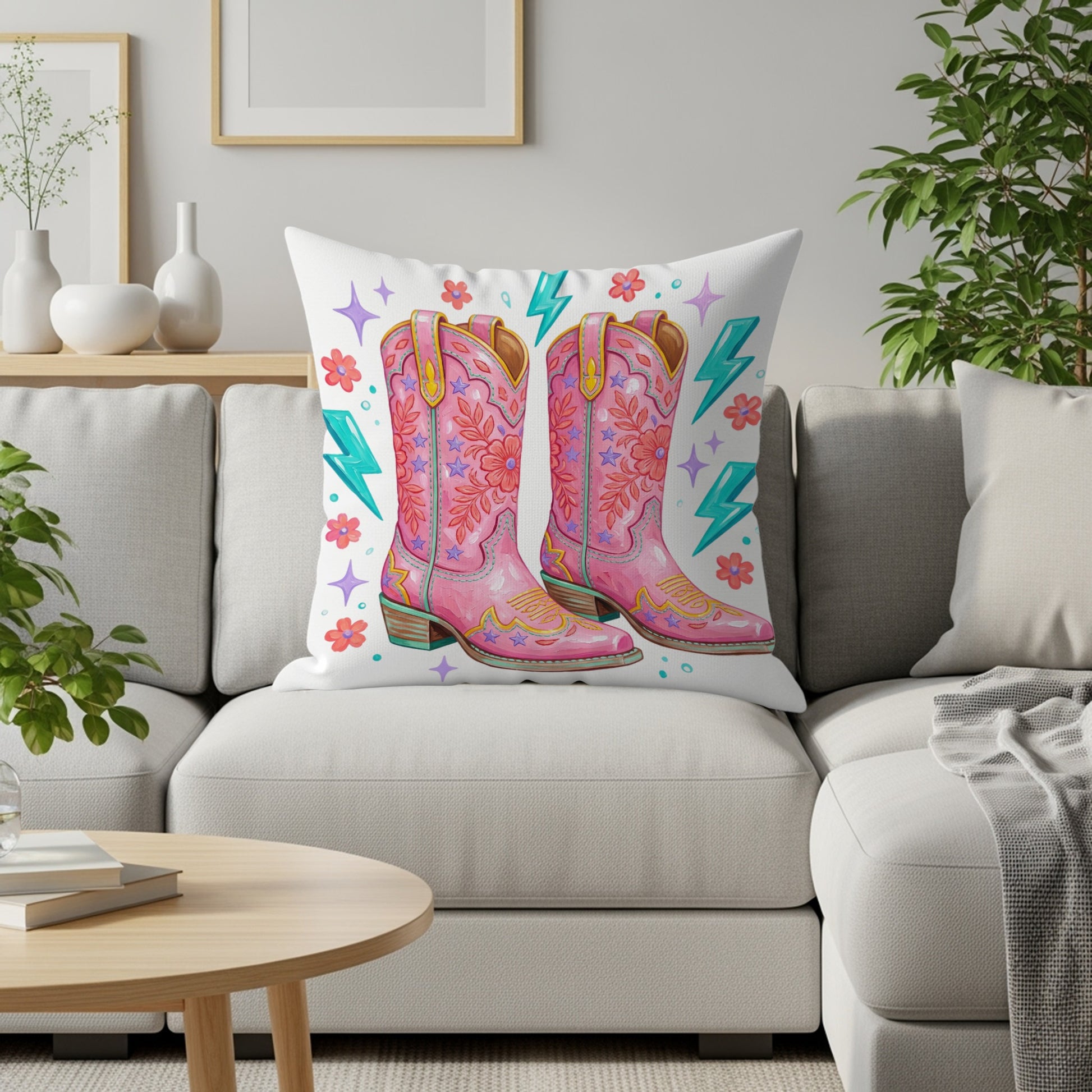 Pink cowboy boots with star and lightning bolt pattern on a cushion.
