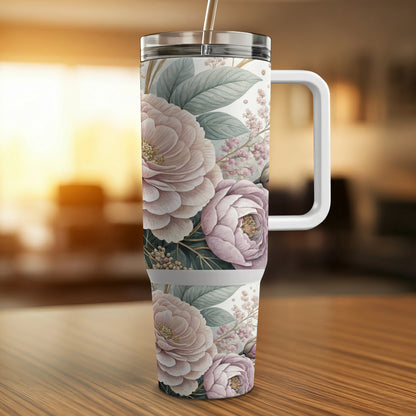 Tall tumbler with floral pattern and white handle.