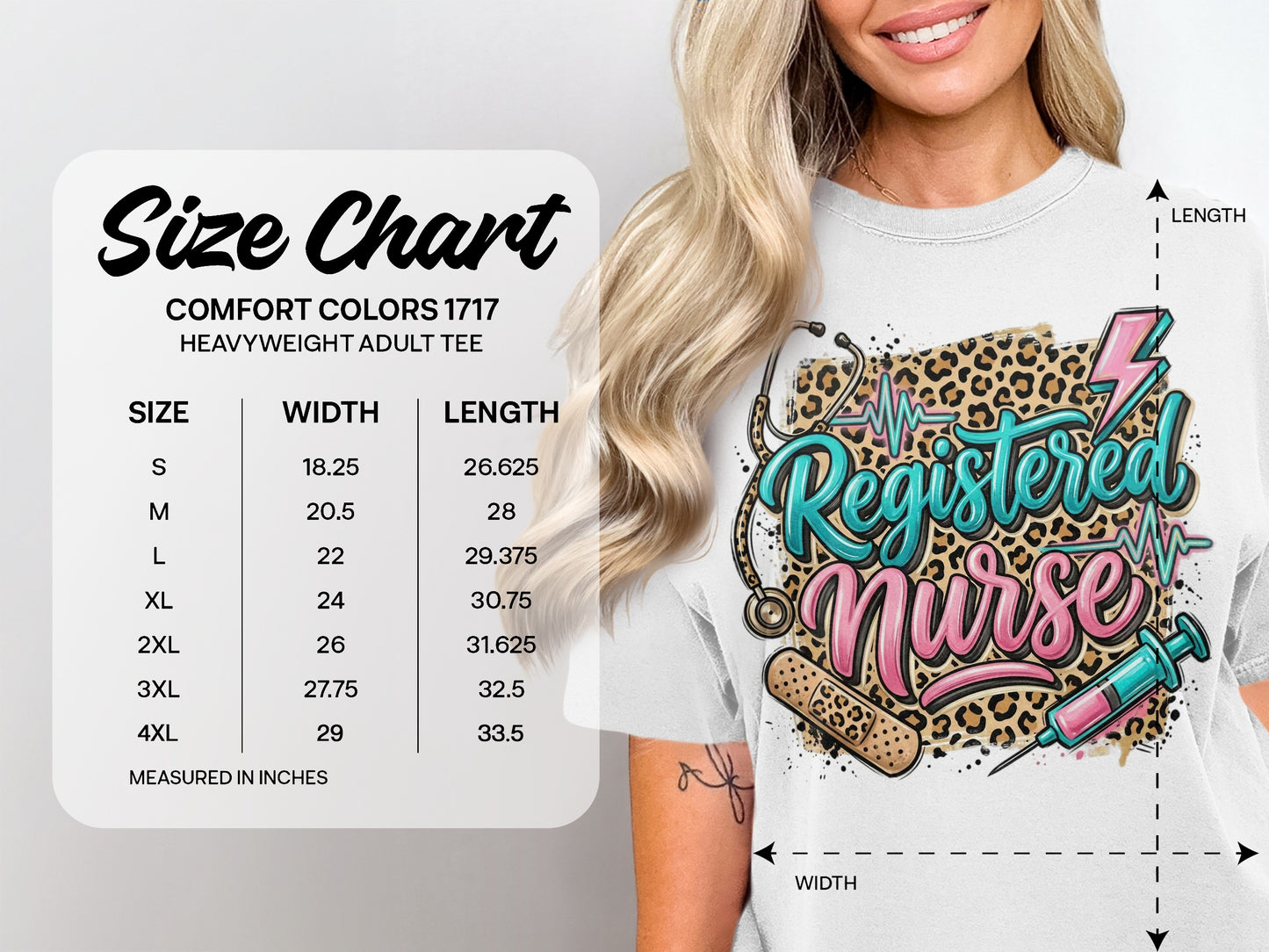 Size chart for Comfort Colors 1717 heavyweight adult tee, with dimensions in inches.