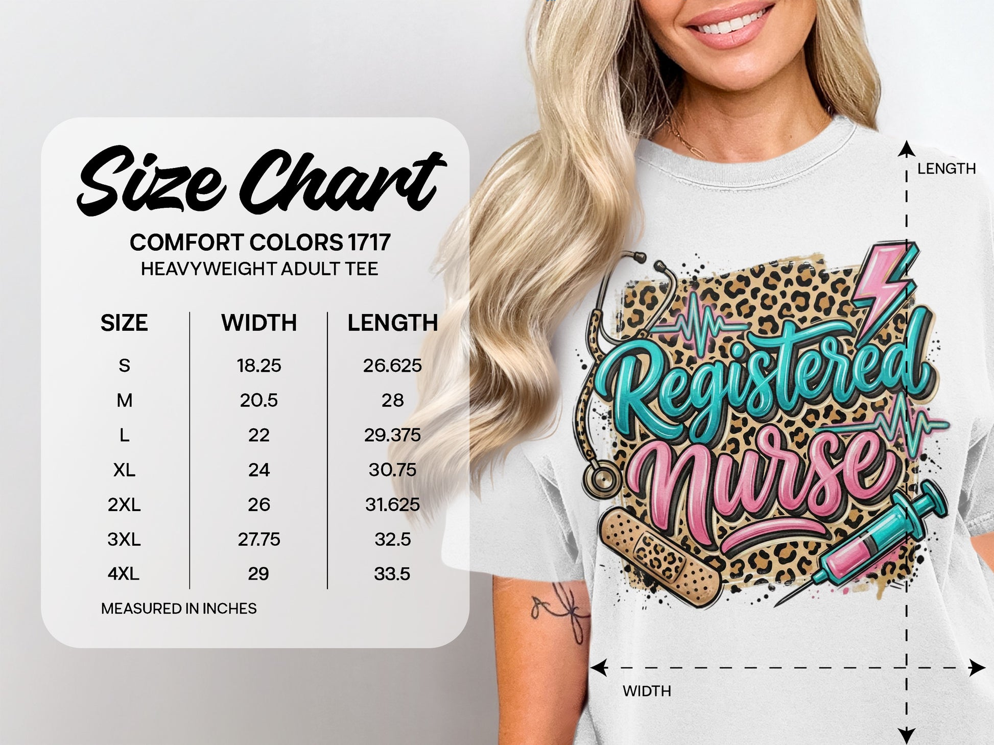 Size chart for Comfort Colors 1717 heavyweight adult tee, with dimensions in inches.